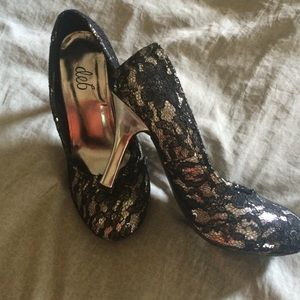Black and silver lace over sequin pumps