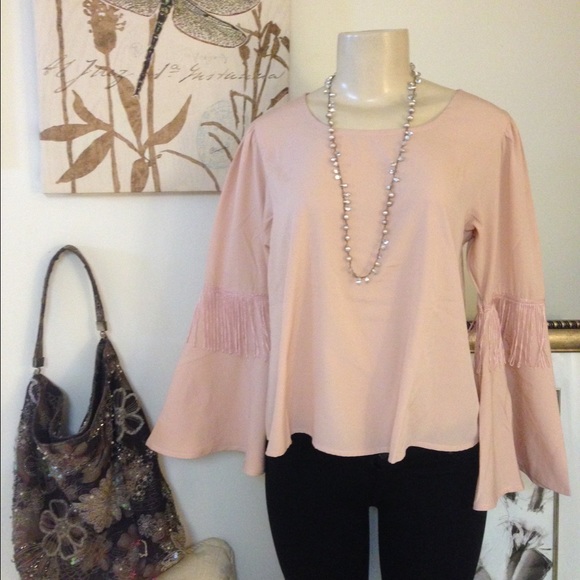 Blush colored Blouse with bell sleeve & Fringe - Picture 2 of 4