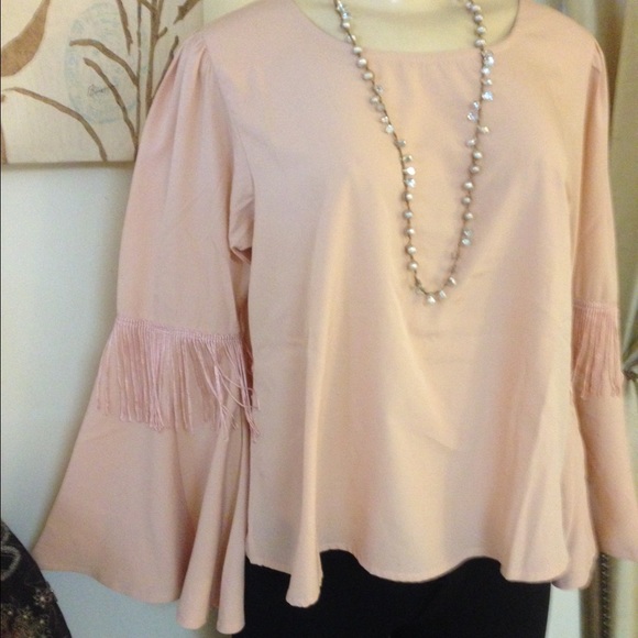 Blush colored Blouse with bell sleeve & Fringe - Picture 3 of 4