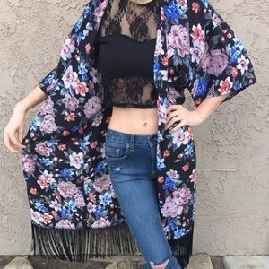 Long LF kimono jacket with black fringe- floral!