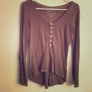 Long sleeve lace and cotton tan button down top