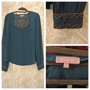 Blue sheer top with beading