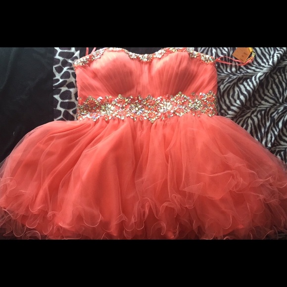 The dress is a coral, Bibian designed prom dress.