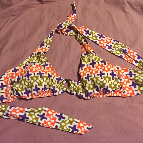 Cream orange purple and green halter swim top