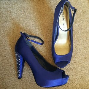 Satin blue, rhinestoned platform heels
