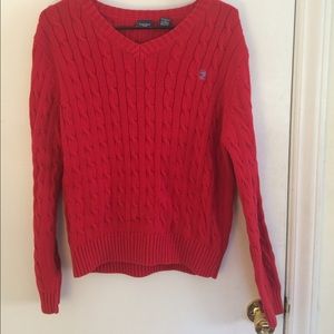 Red cable knit sweater