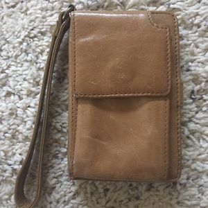 HOBO tan wristlet that holds outside phone