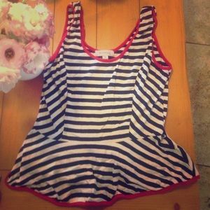 Monteau Striped Peplum Tank with Red Piping