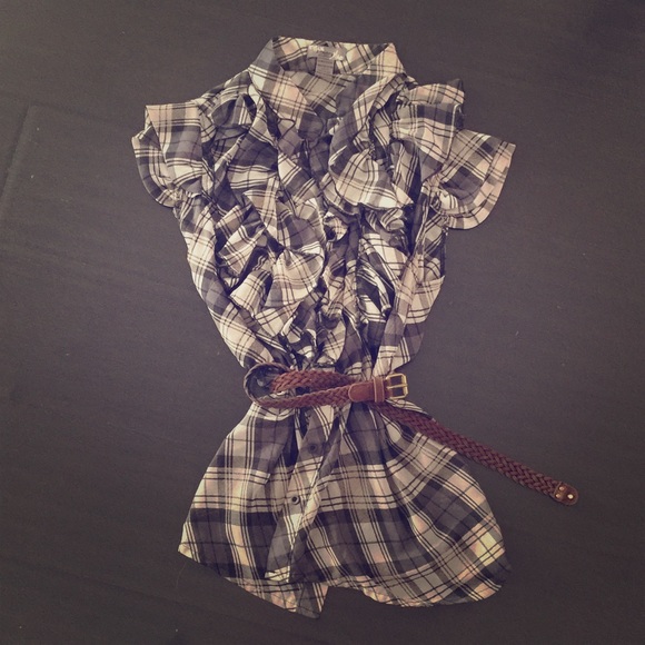 Navy plaid ruffle blouse