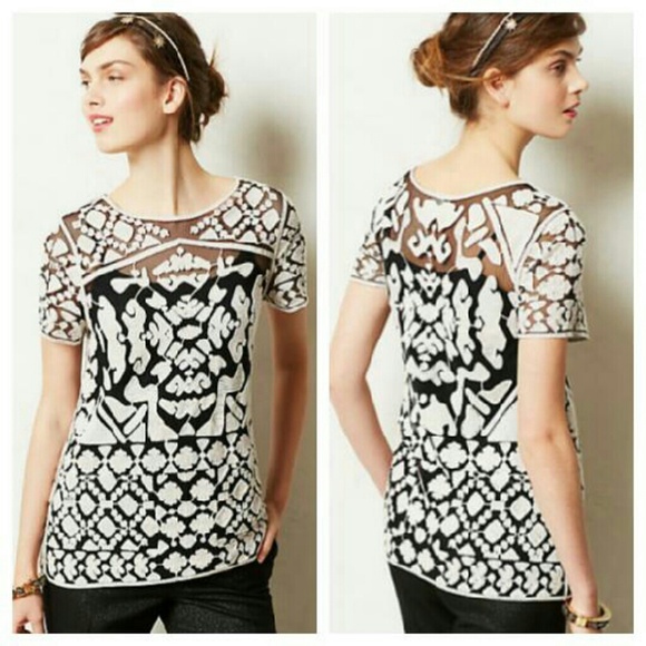Anthropologie Embroidered Mesh Rococo Tee