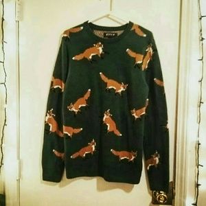 Forever 21 Green Fox-Patterned Crew Neck Sweater