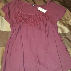 Maroon blouse with beaded translucent neckline