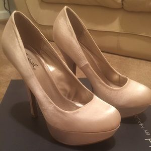 Satin gold platform pumps