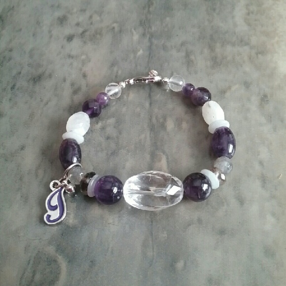 Initial "I" Amethyst Agate Crystal Bracelet.