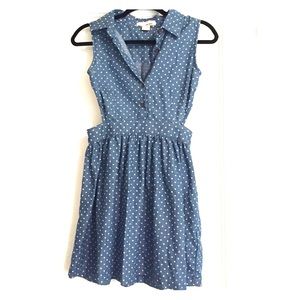 40s style blue and white polka dot dress.