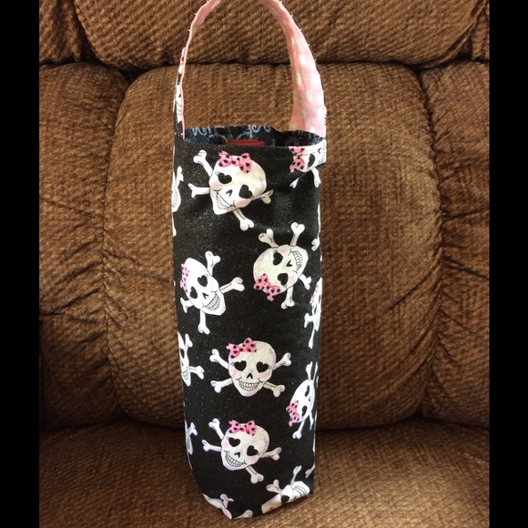Wine Bottle Tote Bag Pink Skulls
