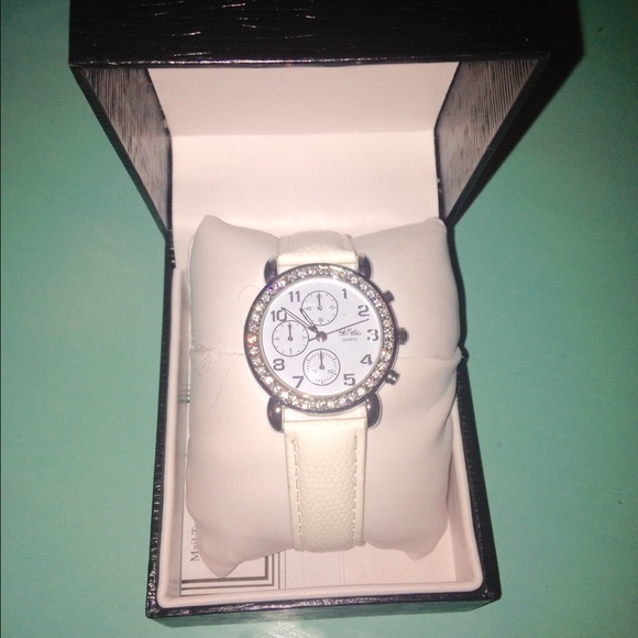 Bob Mackie white leather watch