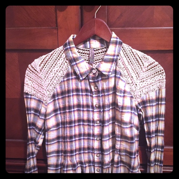 Free People Plaid Lace Shirt
