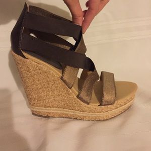Brown and Gold Wedge Sandals