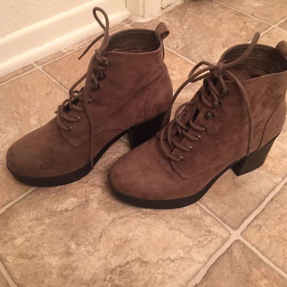 Chestnut faux suede heeled ankle boots