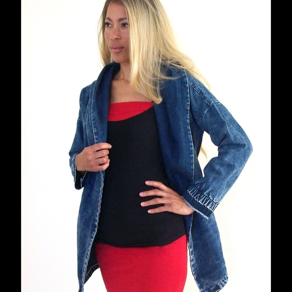 Blue Denim Oversized Hooded Wrap Tie Jean Jacket - Picture 3 of 4