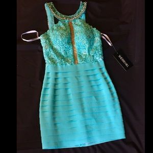 Sherri Hill aqua elastic dress sz 2 new.