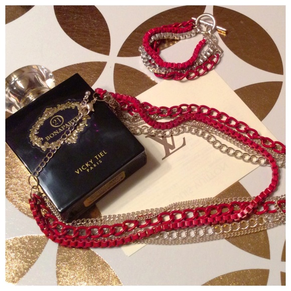 1980s red & silver multi chain necklace & bracelet