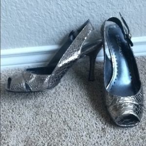 BCBG dark silver snakeskin peep toe heels