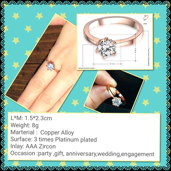 18K rose gold plated single diamond Crystal ring - Picture 2 of 3