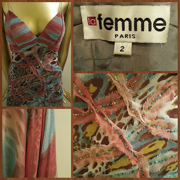 LA FEMME | Backless Silk Chiffon Evening Dress - Picture 3 of 4