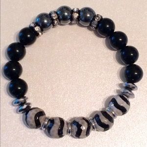 Zebra Agate, Onyx, & Hematite Beaded Bracelet