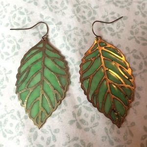 Green and gold leaf earrings