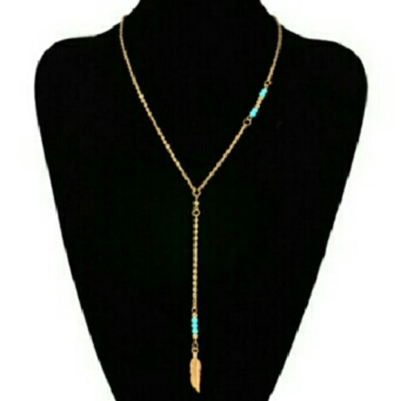 Boho Gold Feather and Beads  Necklace - Picture 3 of 4
