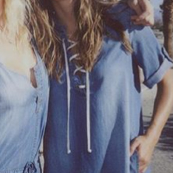 🍃💖Lace Up Chambray Denim Dress Malibu Wash - Picture 2 of 5