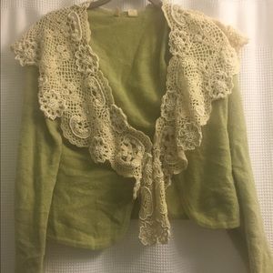 Moth cropped wool sweater with beaded lace shawl.