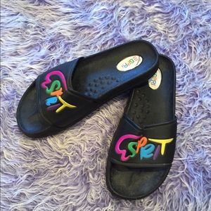 ESPRIT rainbow letters black sliders sandals 90s 9