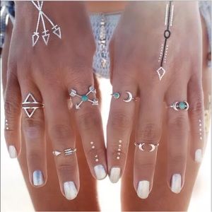 🌙6 piece silver moon adjustable bohemian  rings