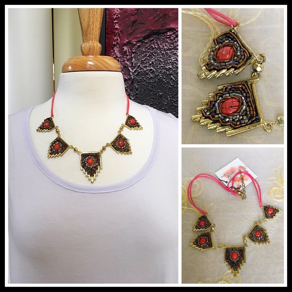 EGYPTIAN STONE JEWELED BOHO STATEMENT NECKLACE A3C - Picture 2 of 8