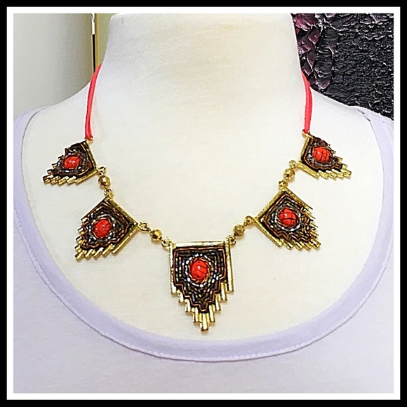 EGYPTIAN STONE JEWELED BOHO STATEMENT NECKLACE A3C - Picture 5 of 8