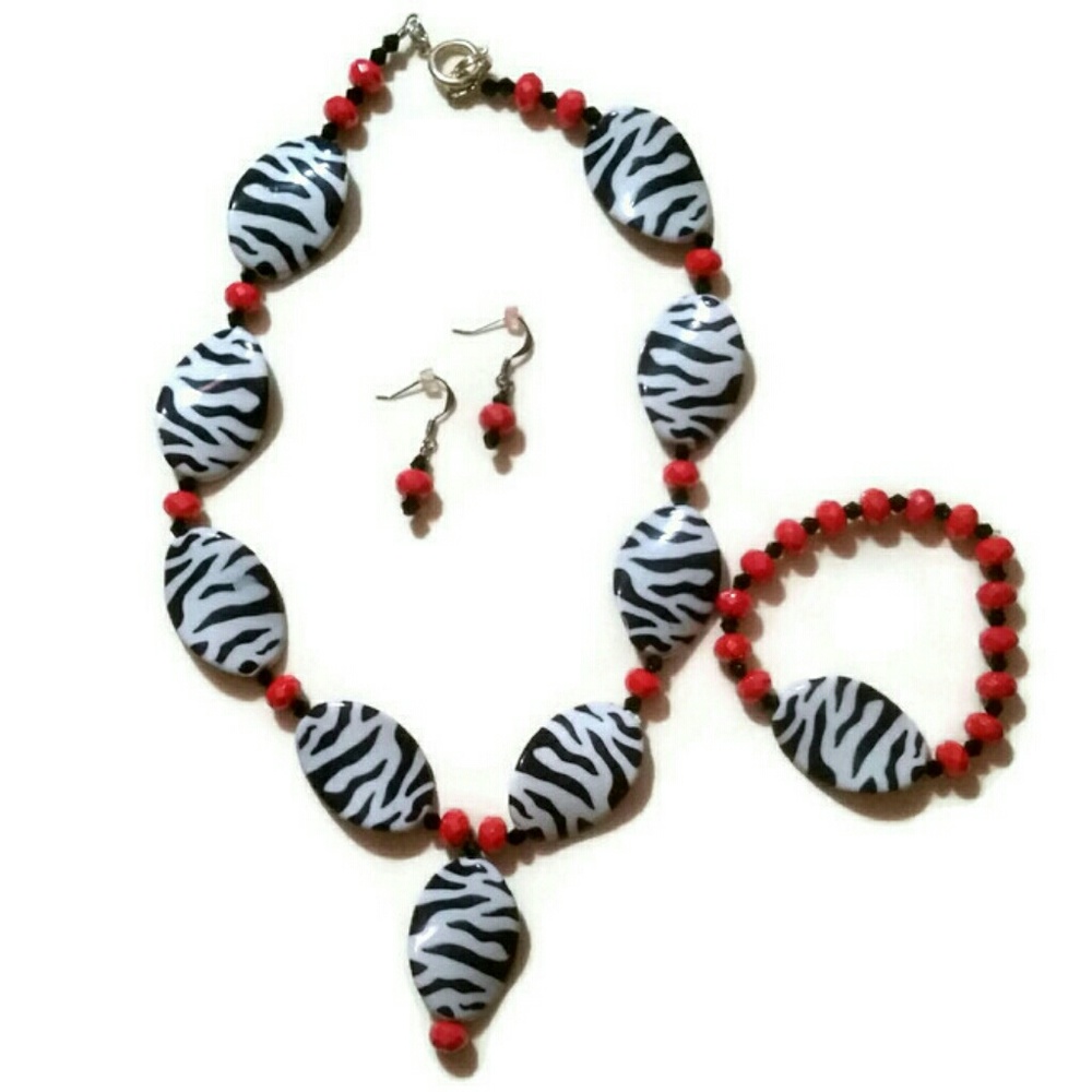 Black and White Zebra & Coral Crystal Jewelry Set