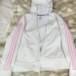 pink and white adidas zip-up
