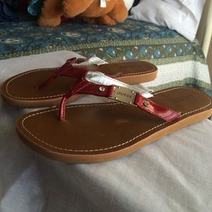 Never worn dark red and silver Guess sandals