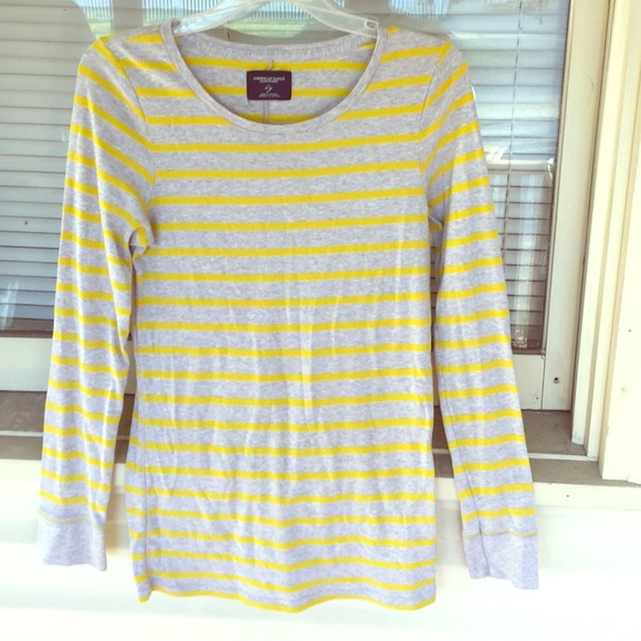 Grey and Yellow Striped American Eagle Long-Sleeve