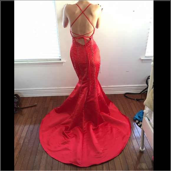 Red Beaded Gown Open Back