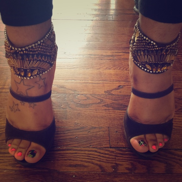 Embellished Brown & Gold Heels