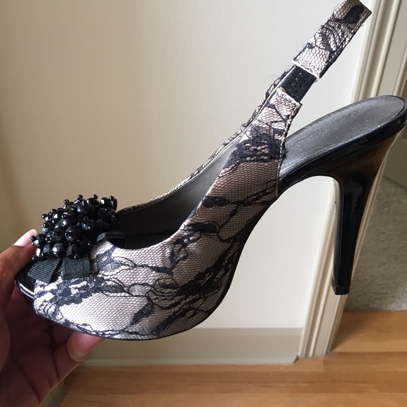 Lace platform sling back pumps with baubles