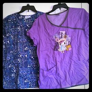 2 scrub tops.  Blue and purple tops