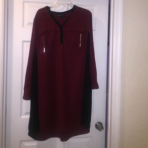 Maroon and black dress with gold zippers etc