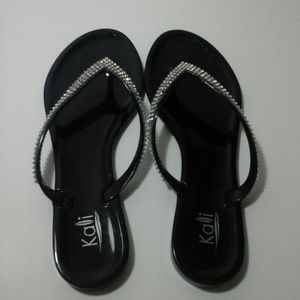 Black and Silver Flip Flops with Rhinestones