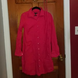 Long sleeve, coral dress with tie at waist